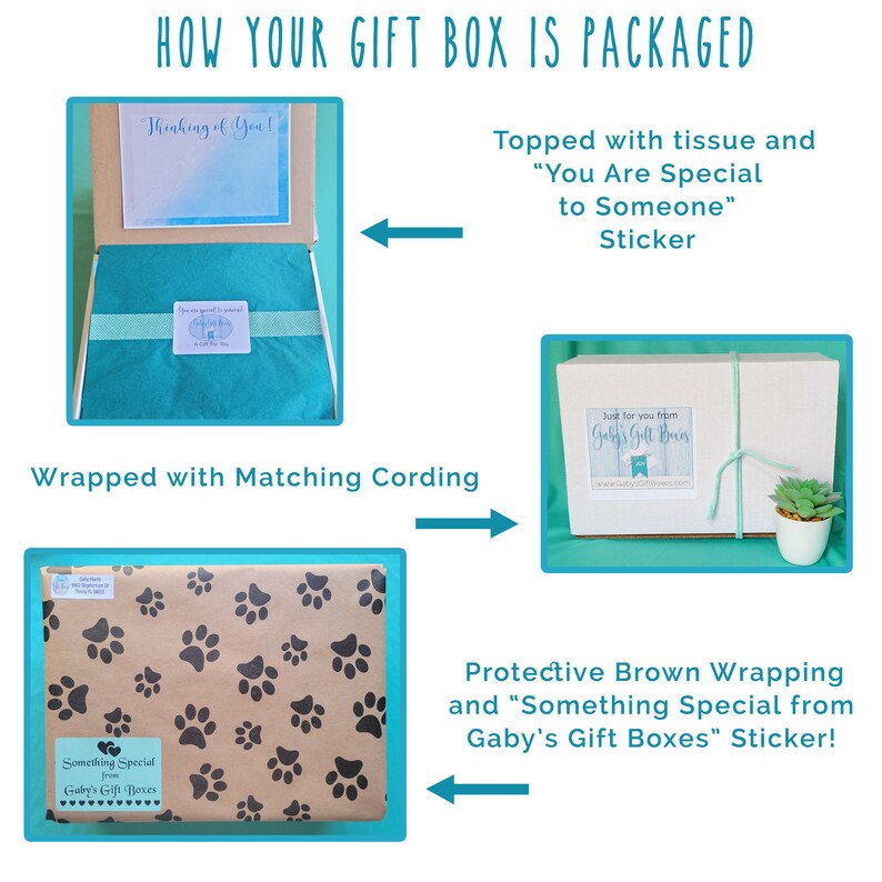 Op de afbeelding: Een cadeaudoos wordt getoond in verschillende verpakkingsstadia. De doos is ingepakt in bruin papier met een pootprintpatroon en een sticker met de tekst "Something Special from Gaby's Gift Boxes". De doos wordt vervolgens ingepakt in wit tissuepapier en bedekt met een sticker met de tekst "You Are Special to Someone". De doos wordt vervolgens vastgebonden met een wit lint en een kleine groene plant wordt bovenop geplaatst.