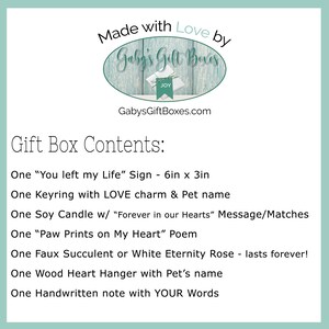 Op de afbeelding: Een lijst met items die zijn inbegrepen in een cadeaudoos voor het verlies van een huisdier. De items omvatten een bord met de tekst "You left my Life", een sleutelhanger met een LOVE-bedel, een sojawas-kaars, een gedicht, een kunstmatige succulent of een witte eeuwigheidsroos, een houten hart-hanger en een handgeschreven notitie.