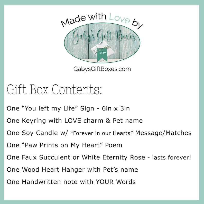 Op de afbeelding: Een lijst met items die zijn inbegrepen in een cadeaudoos voor het verlies van een huisdier. De items omvatten een bord met de tekst "You left my Life", een sleutelhanger met een LOVE-bedel, een sojawas-kaars, een gedicht, een kunstmatige succulent of een witte eeuwigheidsroos, een houten hart-hanger en een handgeschreven notitie.