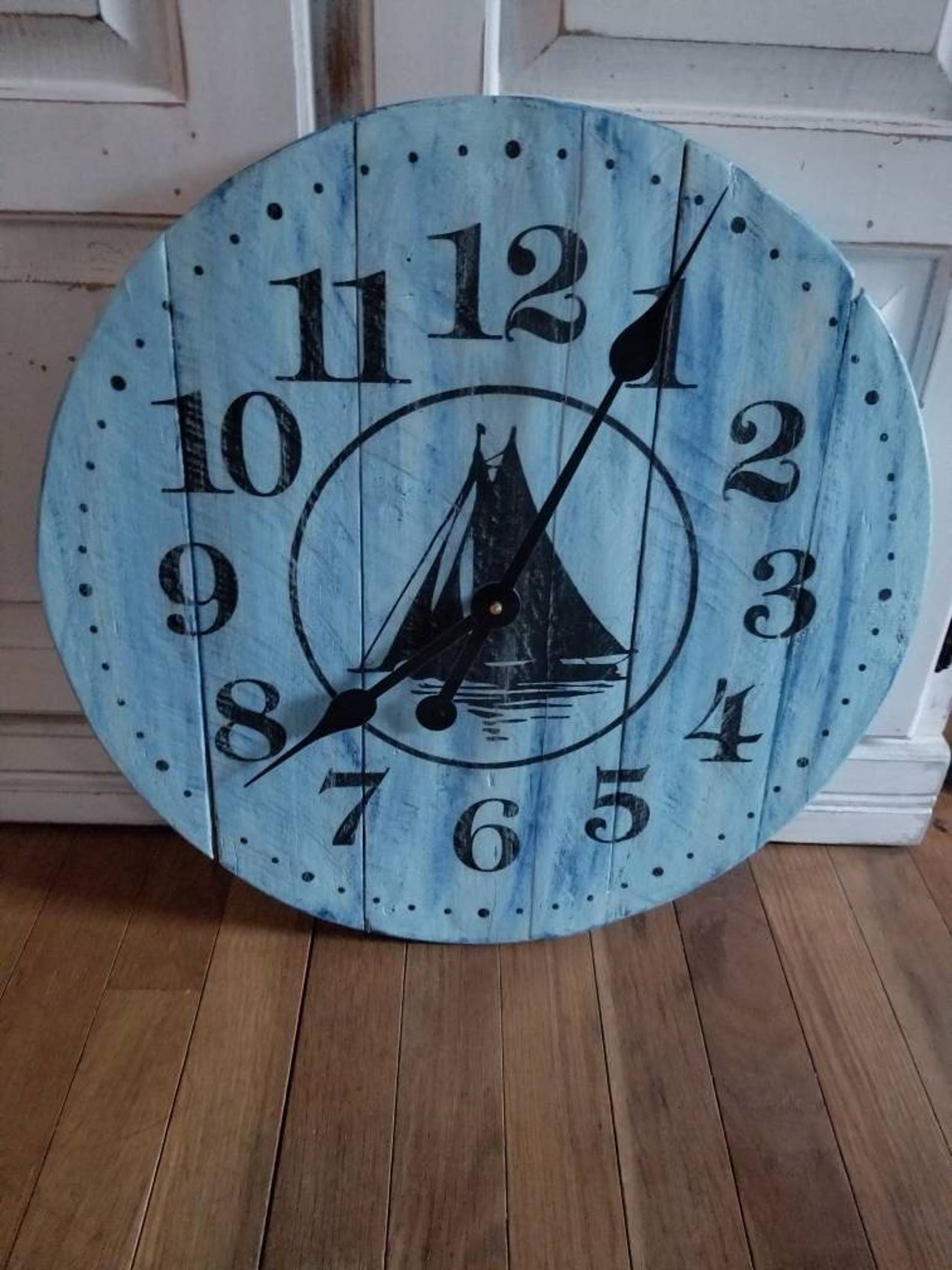 Reclaimed Wooden Pallet Wall Clock With Sailboat Available in 4 Sizes