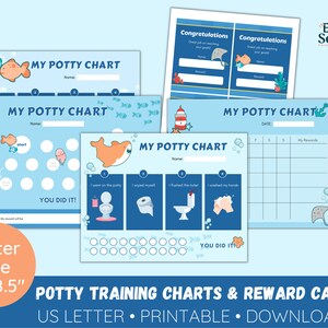 May include: Printable potty training charts and reward cards featuring a blue and white ocean theme with fish, a shark, and a lighthouse. The charts include spaces for stickers, checkmarks, and rewards. The reward cards say "Congratulations!" and have space for a name and reward.