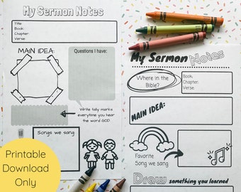 Printable sermon pages for kids; worship notes; download