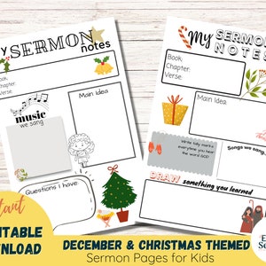 May include: Printable sermon notes for kids with a Christmas theme. The notes include sections for the book, chapter, verse, main idea, songs, and a drawing section. The notes are decorated with Christmas-themed illustrations.
