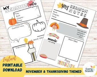 Thanksgiving Sermon Notes for Kids: Sunday School Pages (Digital Download)