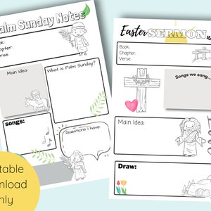 May include: Printable worksheets for Palm Sunday and Easter Sunday with space to write notes, draw, and list songs. The worksheets feature illustrations of Jesus, a cross, and a tomb.