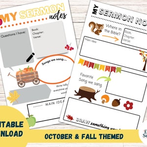 Puede incluir: Notas de sermón imprimibles con un tema de otoño. Las notas incluyen secciones para preguntas, la idea principal, canciones y una canción favorita. Las notas también incluyen una sección para dibujar.