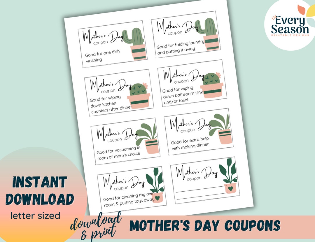 Mother's Day Coupons Print at Home Coupons for Mom Plant Mama Coupons for Chores Etsy