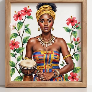 May include: A framed watercolor print of a woman in traditional African attire. She wears a yellow head wrap, gold jewelry, and a colorful strapless dress. Red hibiscus flowers and green leaves frame the portrait, and she holds a small drum.