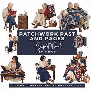 Imágenes prediseñadas de patchwork y amantes de los libros, 36 imágenes PNG transparentes, ilustraciones de costura y lectores de Indigo Patchwork