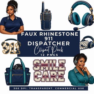 Pode incluir: Um pacote de clipart digital com gráficos de despachante 911 em imitação de strass, incluindo dois despachantes com headsets, um walkie-talkie, fones de ouvido, uma bolsa e o texto FAUX RHINESTONE 911 DISPATCHER Clipart Pack 12 PNGS SMILE CARE.
