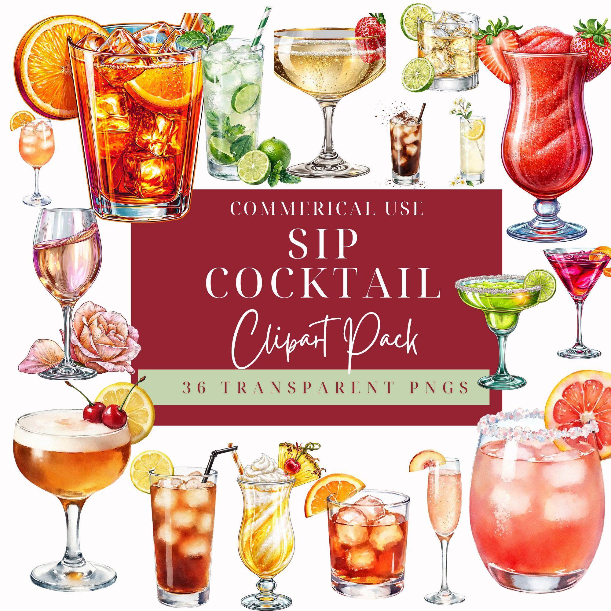 36 Cocktail Clipart PNG Bundle, Watercolor Drink Illustrations, Sip and ...