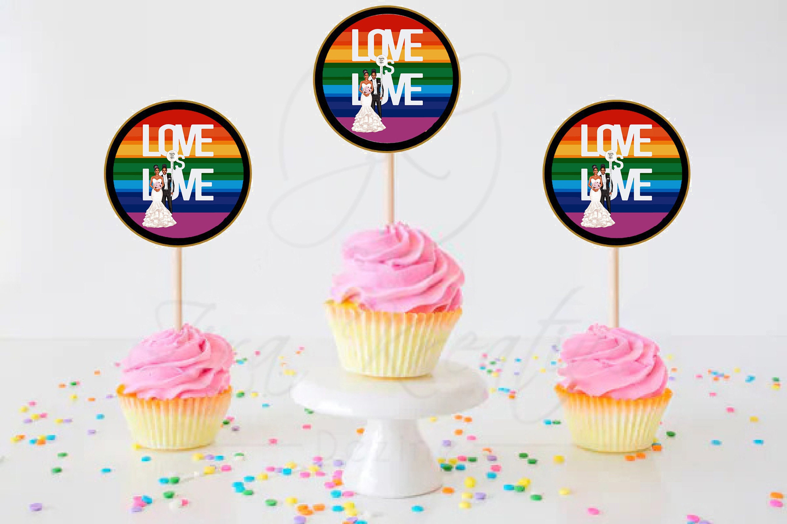 Pride Rainbow Cup Cake Topper, African American Lesbian Couple, Mrs