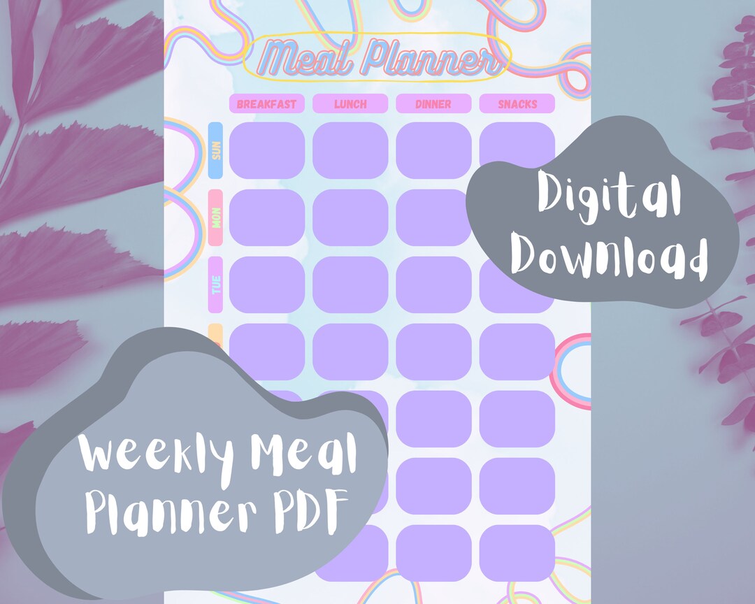 Colorful Printable Weekly Meal Planner PDF Self Care Wellness Download ...