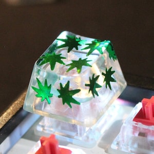 Peut inclure: Un capuchon de clavier en plastique transparent avec un motif de feuille de marijuana verte. Le capuchon est éclairé par le bas, ce qui fait briller le motif.