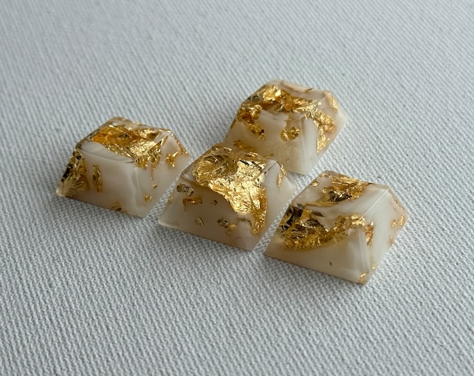 White & Gold Artisan Keycaps, 1u R4, Arrow Keys (4pcs), OEM or Cherry profile, Gloss finish, Hand Made, Slightly Backlit, Cherry MX support