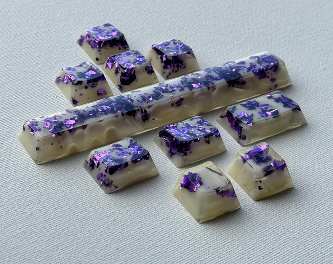 Cherry Profile White & Purple KeyCaps - More Sizes - Artisan glossy arrow keys, ESC 1u, Spacebar 6.25u 1.75u Mechanical Keyboards MX support