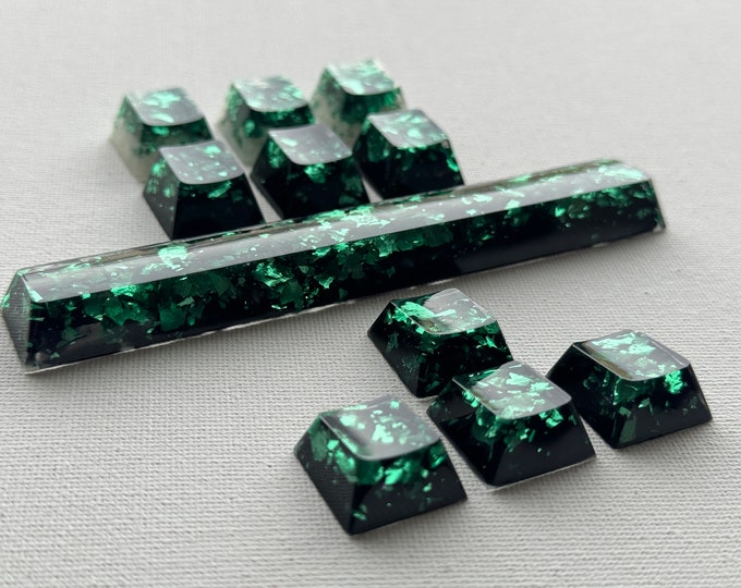 CHERRY PROFILE - Artisan Keycaps 'Green Cyan' flake, Space Bar 6.25u , Arrow Keys , ESC 1uR4 ,Glossy Backlit Cherry Mx Mechanical Keyboards
