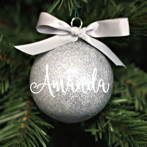 Silver glitter ornament - Name ornament - Personalized ornament - silver christmas tree decor