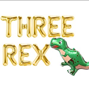 THREE REX 16" Gold Balloons - 3rd Birthday Letter Balloons - Dinosaur Party Balloons