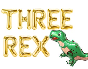 THREE REX 16" Gold Balloons - 3rd Birthday Letter Balloons - Dinosaur Party Balloons