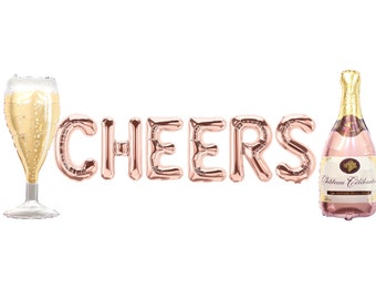 CHEERS 16" Rose Gold Letter Balloons - Bachelorette Balloon - Champagne Bottle Balloons - Bridal Shower Balloons - CHEERS Balloon Banner