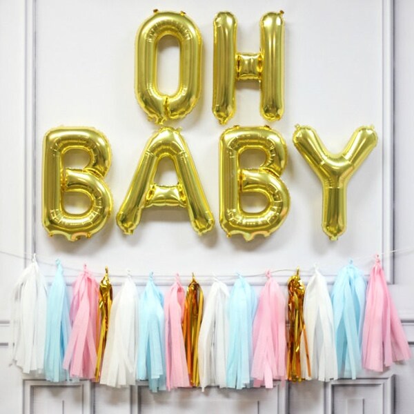 OH BABY Gold Letter Balloons - Gender Reveal Tassel Garland - Gender Reveal Decorations