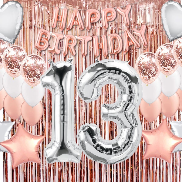 13th Birthday Decorations, 13 Birthday Party Supplies 13 Rose Gold Confetti Balloons her Silver Backdrop Props Thirteen