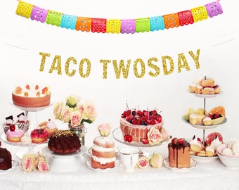 TACO TWOSDAY banner mexican fiesta banner 2nd birthday mexican fiesta theme banner glitter banner backdrop