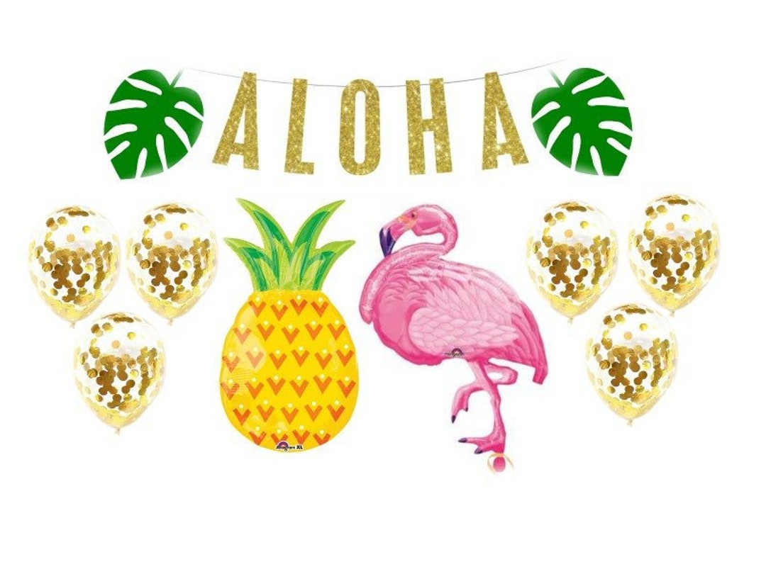 Hawaiian Party Decoration Kit ALOHA Gold Glitter Banner Flamingo