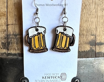 Beer Stein Dangle Earrings made from reclaimed Kentucky Bourbon Barrels. Beer jewelry. German gifts. Oktoberfest earrings.