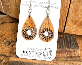 Bourbon Barrel Wood Sunflower Earrings: Reclaimed Kentucky Oak