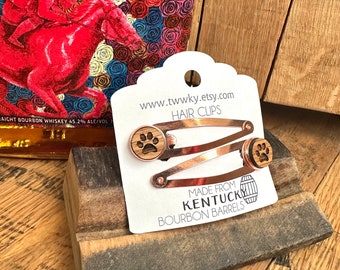 Rose Gold Hair Clips made from reclaimed Kentucky Bourbon Barrels. Gifts for her.