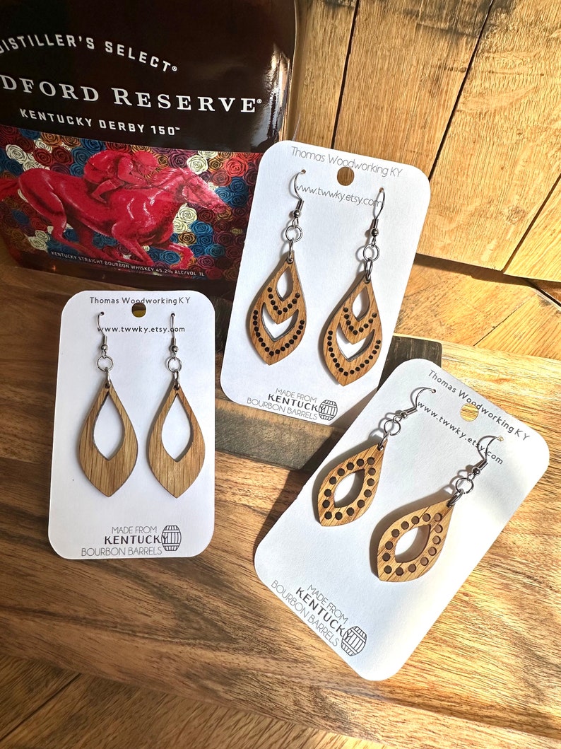 Wood Bourbon Barrel Drop Earrings made from reclaimed Kentucky Bourbon Barrels. Gifts for her. Bourbon Trail gifts. image 1