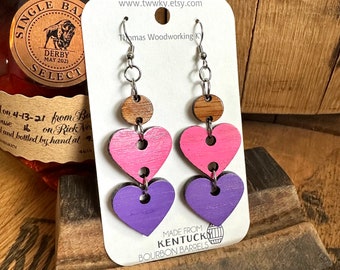 Ombre Valentine Heart Kentucky Bourbon Dangle Earrings made from reclaimed Kentucky Bourbon Barrels. Gifts for her. Hand painted earrings.