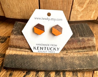 Hexagon Stud Earrings. Hand painted orange stud earrings. Hexagon earrings made from Kentucky Walnut Wood. Gifts for her.