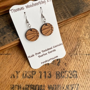 Wood Basketball Dangle Earrings made from reclaimed Kentucky Bourbon Barrels. Gifts for her.