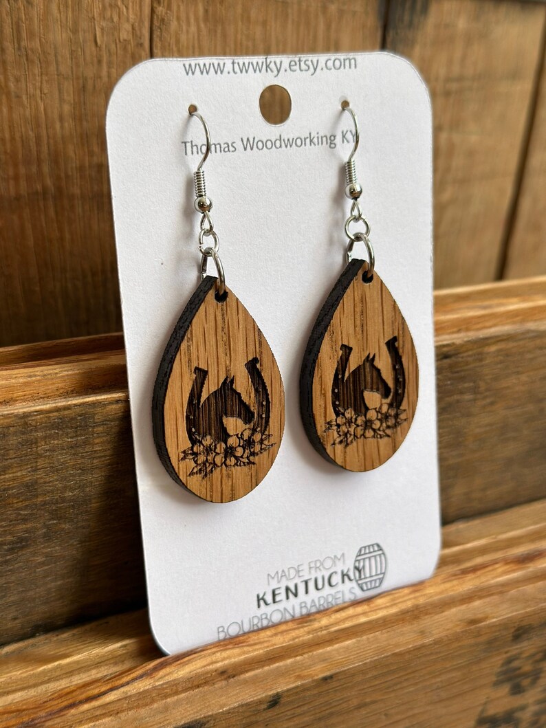 Run for the Roses Kentucky Derby Dangle Earrings Made from Reclaimed Kentucky Bourbon Barrels. Gifts for her. image 6