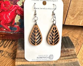 Wood Gold Rush Drop Earrings made from Kentucky Bourbon Barrels. Lightweight earrings. Gifts for her.