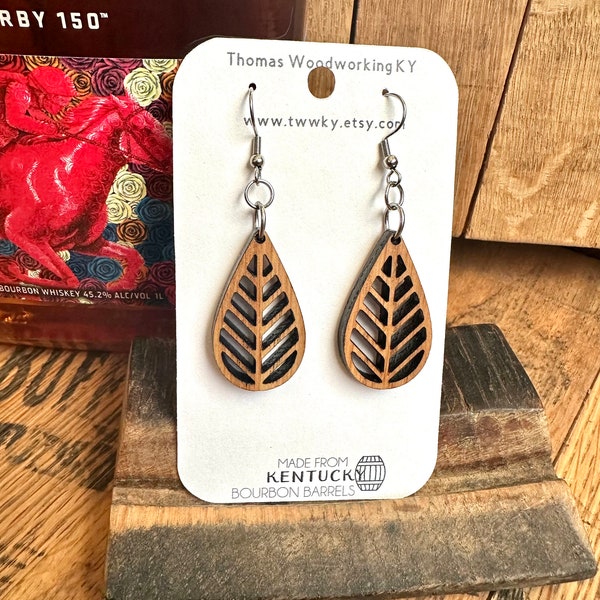 Wood Gold Rush Drop Earrings made from Kentucky Bourbon Barrels. Lightweight earrings. Gifts for her.