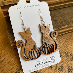 Cat and Pumpkin Halloween Bourbon Barrel Dangle Earrings. Made from reclaimed Kentucky Bourbon Barrels. Gifts for her.