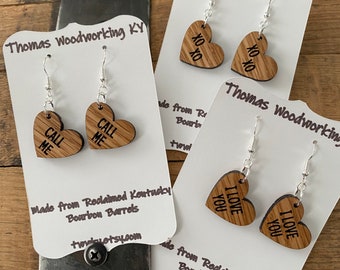 Valentine Candy Heart Dangle Earrings made from Reclaimed Kentucky Bourbon Barrels. Gifts for her.