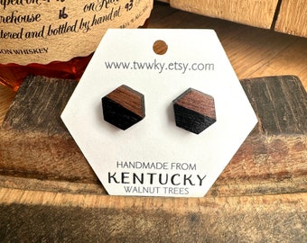 Hexagon Stud Earrings. Hand painted black stud earrings. Hexagon earrings made from Kentucky Walnut Wood. Gifts for her.