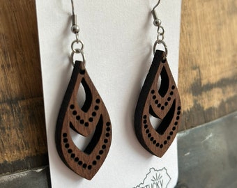 May include: A pair of brown wooden earrings with a geometric design. The earrings are on a white card with the text "Thomas Woodworking KY" and "twky.etsy.com". The card also has a small outline of the state of Kentucky with the word "Kentucky" written inside.