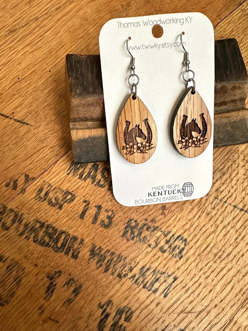 Run for the Roses Kentucky Derby Dangle Earrings Made from Reclaimed Kentucky Bourbon Barrels. Gifts for her. image 5