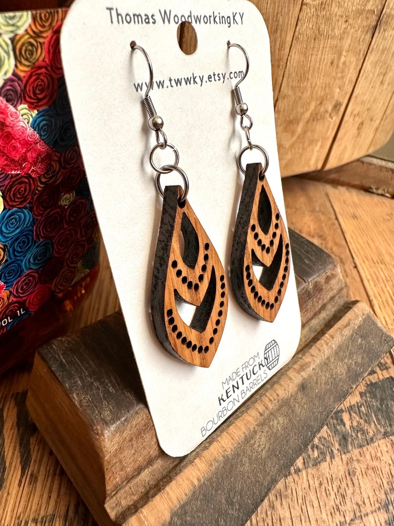 Wood Bourbon Barrel Dangle Mint Julep Earrings. Made from reclaimed Kentucky Bourbon Barrels. Gifts for her. image 2