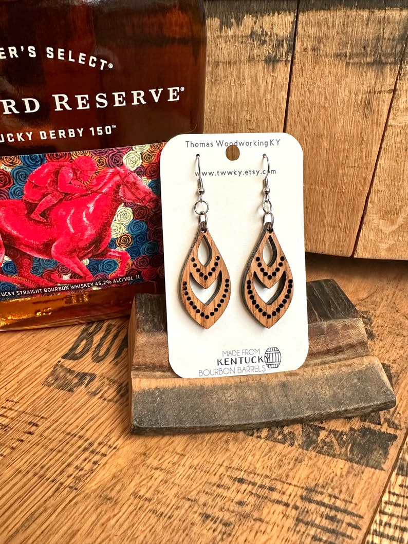 Wood Bourbon Barrel Dangle Mint Julep Earrings. Made from reclaimed Kentucky Bourbon Barrels. Gifts for her. image 4