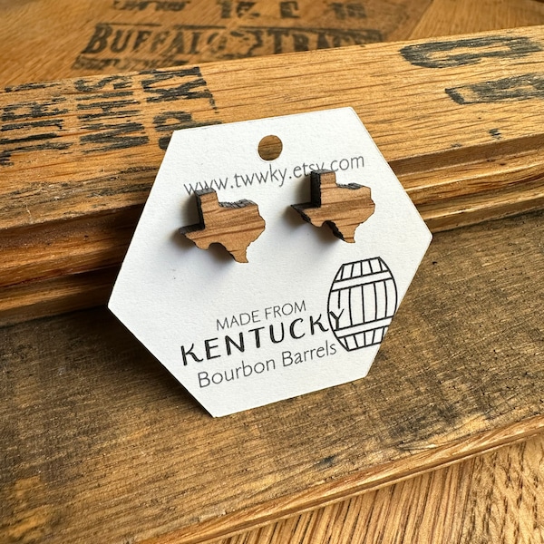 Texas Bourbon Barrel Stud Earrings. Minimalist stud earrings made from reclaimed Kentucky Bourbon Barrels. Gifts for her.