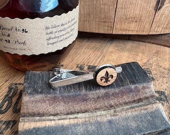 Fleur de Lis Tie Clips Made from Reclaimed Kentucky Bourbon Barrels. Custom gifts for him. Personalized gifts for him.
