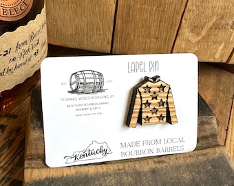 Jockey Silk Lapel Pin made from reclaimed Kentucky Bourbon Barrels. Gifts for dad. Gifts for him. Kentucky Derby Fashion. Derby Gifts.