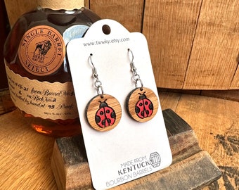 Ladybug Dangle Earrings made from reclaimed Kentucky Bourbon Barrels. Gifts for her. Ladybug gifts.